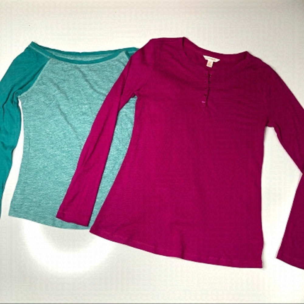 𝅺BUNDLE Joe Fresh Turquoise Baseball Varsity & Fuchsia Ribbed Button Shirts L/XL